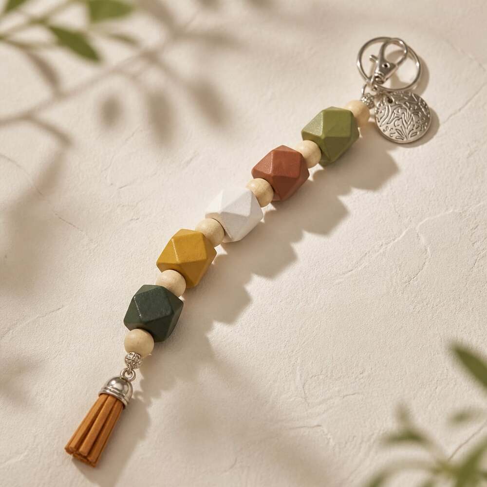 Hexagon Wood Beaded Keychain with Tassel and Clasp